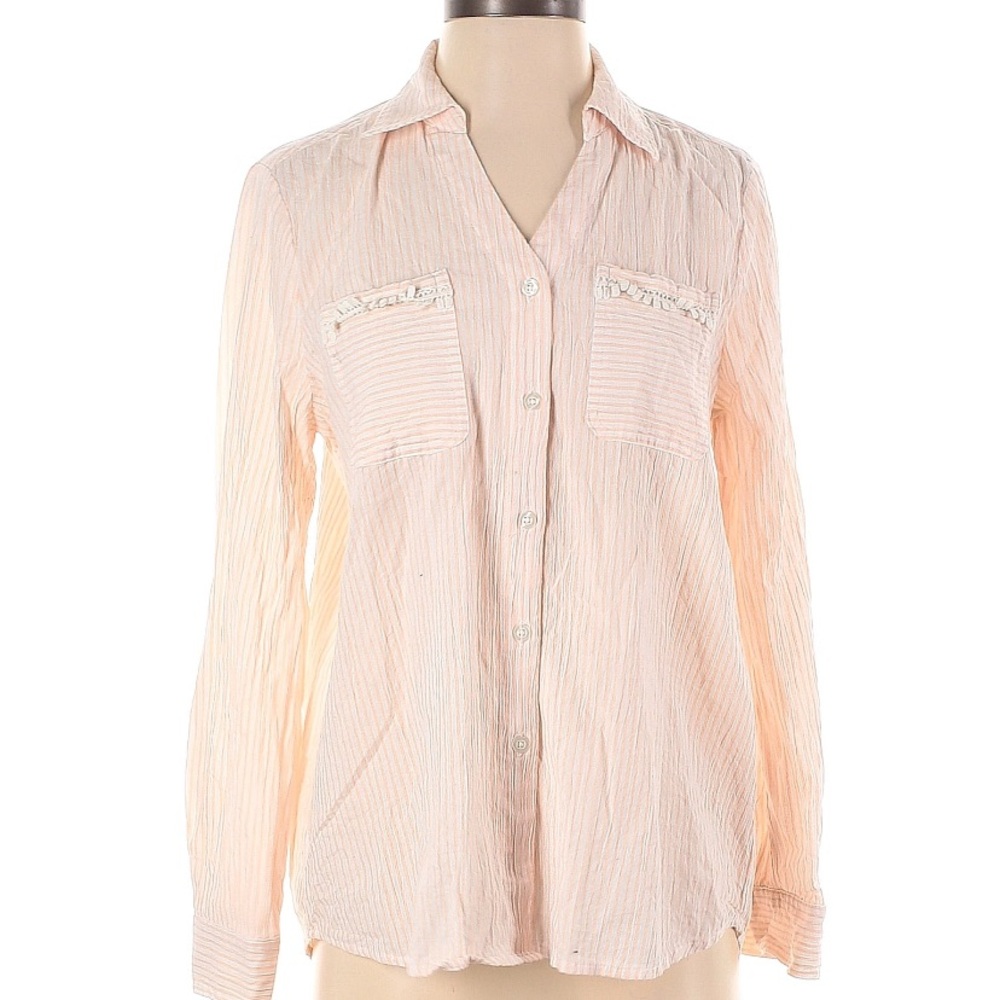 Andrew Marc Blush Long Sleeve Button Down Shirt with Crochet Details